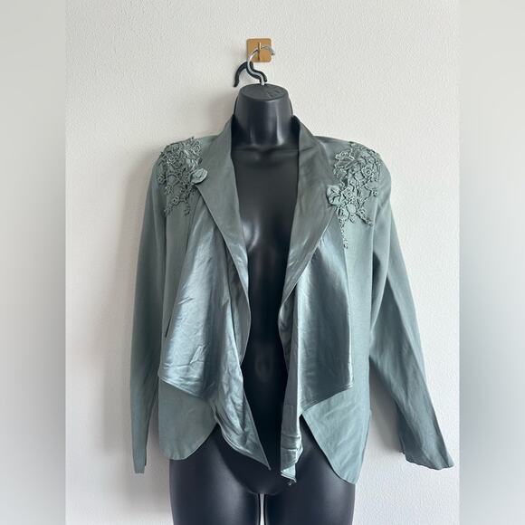 Vintage 80s Sage Green Waterfall Jacket Lace Applique Cut Out Back Size M - Picture 2 of 7